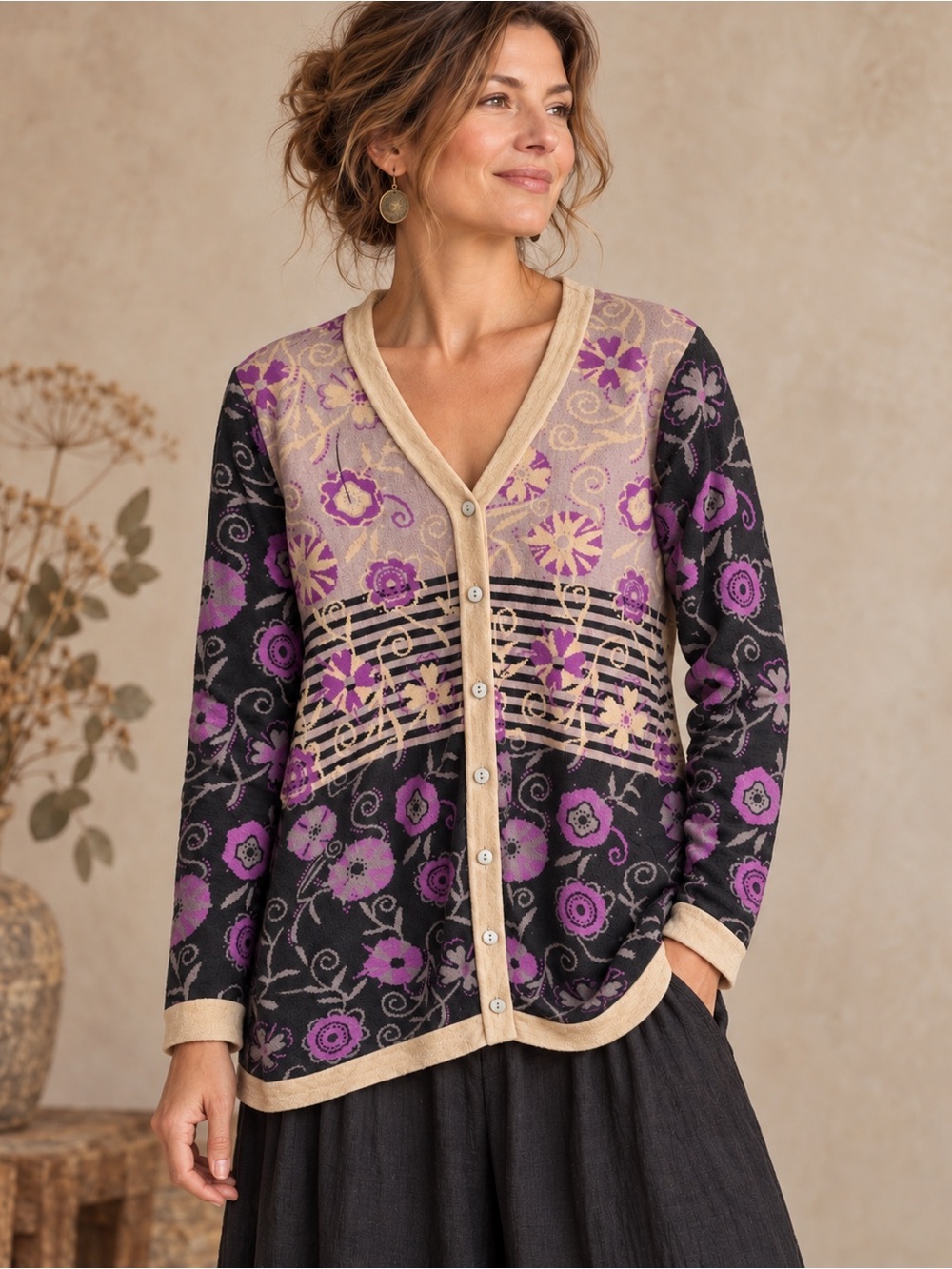 Gudrun Sjoden Organic Cotton Floral Long Cardigan Sweater Size Small